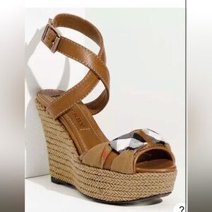 BURBERRY Brown Leather Check Donegal Wedge Strap Sandal